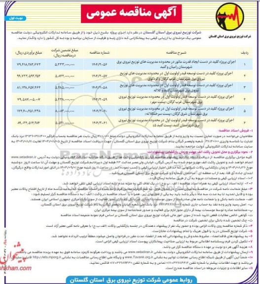 مناقصه عمومی اجرای پروژه کلید در دست ایجاد قدرت مانور....