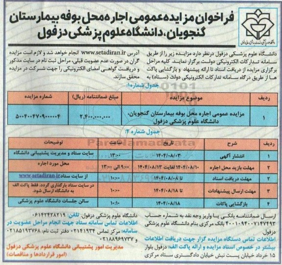 مزایده اجاره محل بوفه بیمارستان گنجویان 