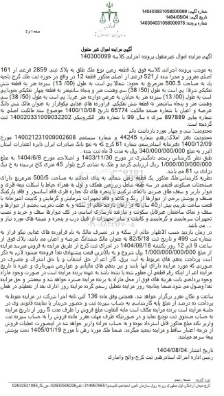  مزایده  یک قطعه زمین نوع ملک طلق به پلاک ثبتی 2859 فرعی