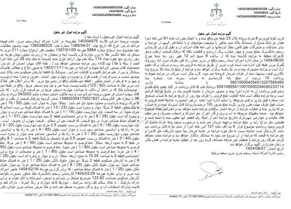 مزایده ششدانگ یک قطعه آپارتمان مسکونی تحت پلاک ثبتی نهصدو شصت و شش فرعی