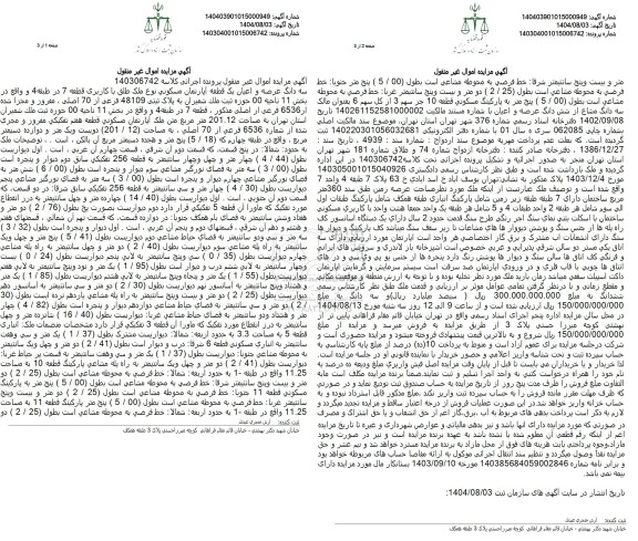 مزایده سه دانگ عرصه و اعیان یک قطعه آپارتمان مسکونی