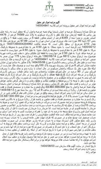 مزایده یک قطعه آپارتمان با کاربری مسکونی 