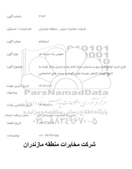 استعلام طرح خرید لوازم تابلو برق و سنجش مرکز ...