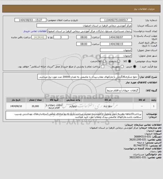 استعلام حلوا شکری30گرمی با مارکهای عقاب،بیدک یا عاصمی به تعداد 20000 عدد مورد نیاز میباشد.