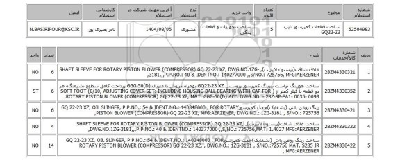 استعلام ساخت قطعات کمپرسور تایپ GQ22-23