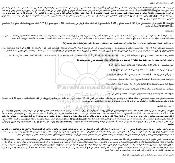 مزایده 4.700 سهم مشاع از 5.375 دانگ مشاع از 6 دانگ ملک