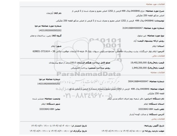مزایده، 0400846-پلاک 499  فرعی از 1252 اصلی مفروز و مجزی شده از 3 فرعی از اصلی مذکور قطعه 250 تفکیکی