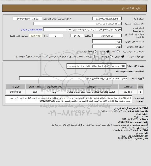 استعلام 1300 پرس زرشک پلو با مرغ مطابق با شرح خدمات پیوست