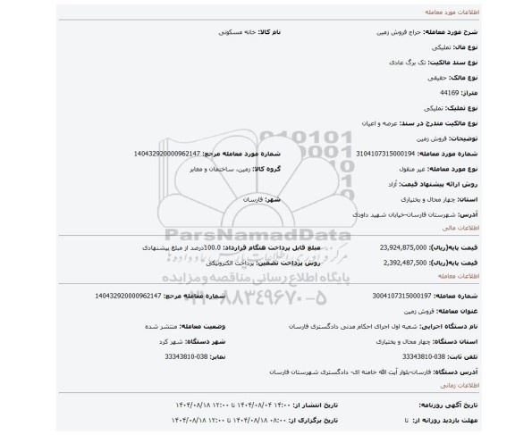 مزایده، فروش زمین