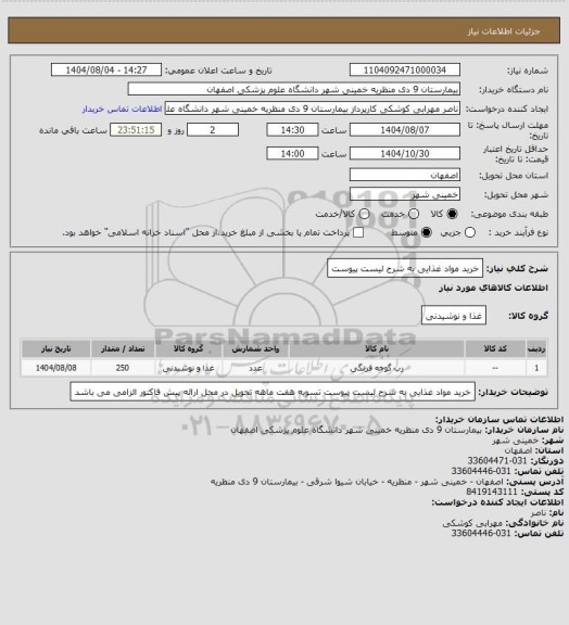 استعلام خرید مواد غذایی به شرح لیست پیوست