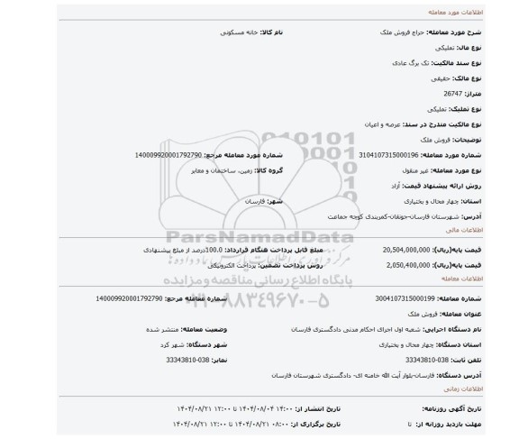 مزایده، فروش ملک