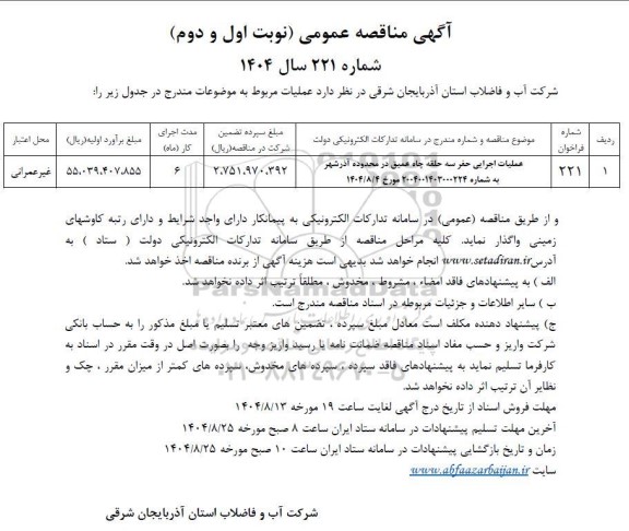 مناقصه عملیات اجرایی حفر سه حلقه چاه عمیق در محدوده...