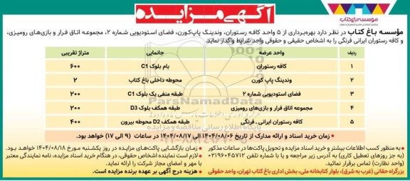 مزایده بهره برداری از 5 واحد کافه رستوران، وندینگ پاپ کورن، فضای استودیویی شماره 2...