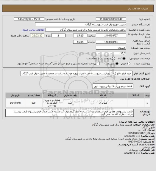 استعلام خرید انواع تابلو (به شرح لیست پیوست) جهت اجرای پروژه هوشمندسازی در محدوده مدیریت برق غرب گرگان