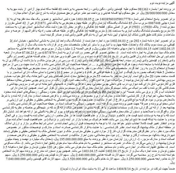 مزایده ششدانگ یک واحد آپارتمان