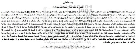 مزایده یک دستگاه خودرو سواری تندر((لوگان ال 90)) 