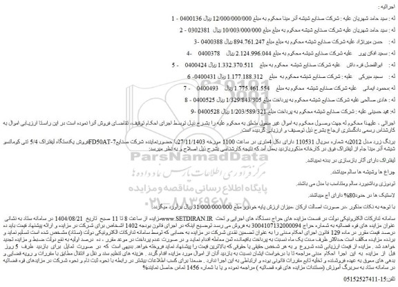 مزایده فروش یکدستگاه لیفتراک 5/4 تنی کوماتسوfd50at-7برنگ زرد مدل 2012