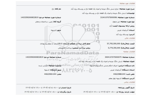 مزایده، شش دانگ عرصه و اعیان یک قطعه باغ در روستای بیژن آباد