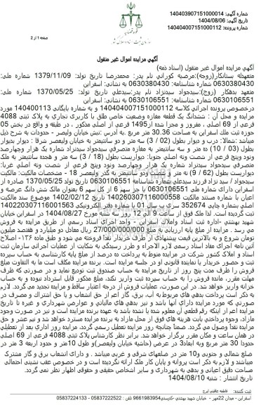 مزایده ششدانگ یک قطعه مغازه وضعیت خاص طلق با کاربری تجاری 