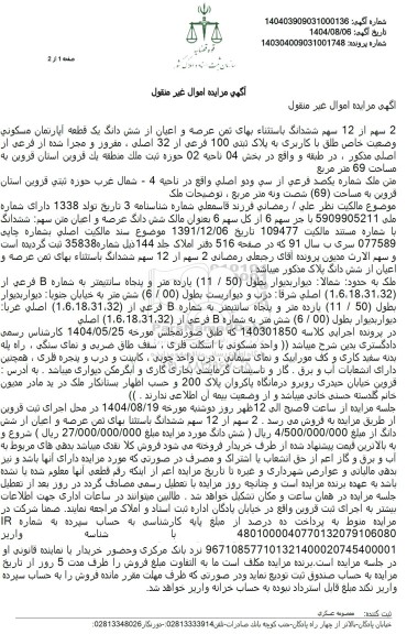 مزایده 2 سهم از 12 سهم ششدانگ یک قطعه آپارتمان مسکونی 