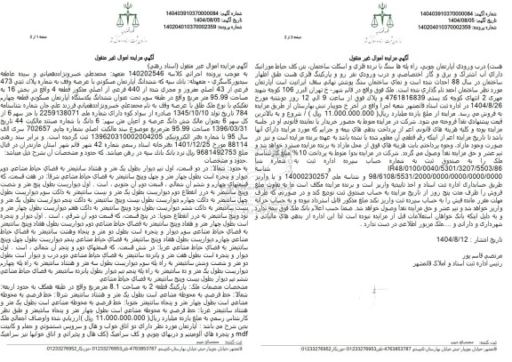 مزایده ششدانگ یکدستگاه آپارتمان مسکونی قطعه چهارم تفكيكي ...