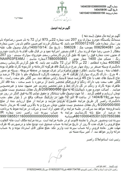 مزایده ششدانگ یک دستگاه خودرو سواری پژو 207