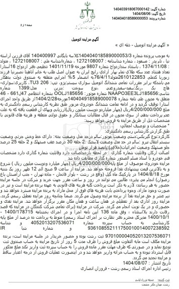 مزایده  ششدانگ اتومبیل سواری پژو تیپ 206 tu3 رنگ: سفید - سفید روغنی 