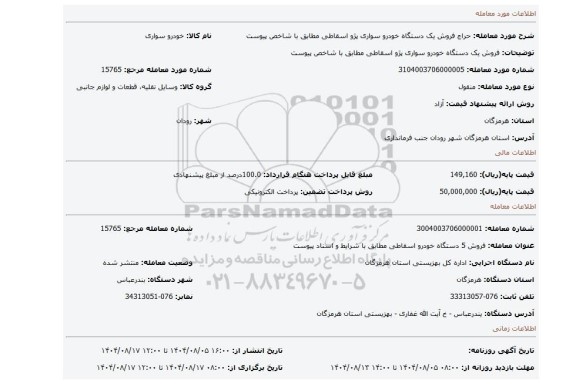 مزایده، فروش یک دستگاه خودرو سواری پژو اسقاطی مطابق با شاخص پیوست