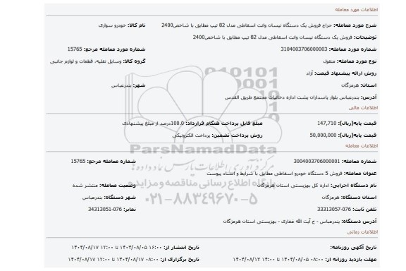 مزایده، فروش یک دستگاه نیسان وانت اسقاطی  مدل 82 تیپ  مطابق با شاخص2400