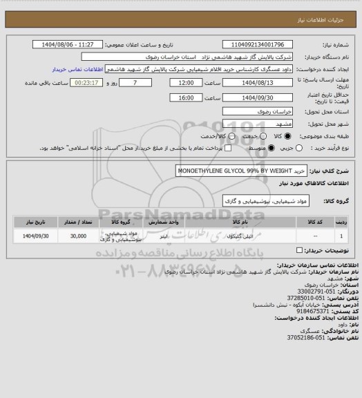 استعلام خرید MONOETHYLENE GLYCOL 99% BY WEIGHT