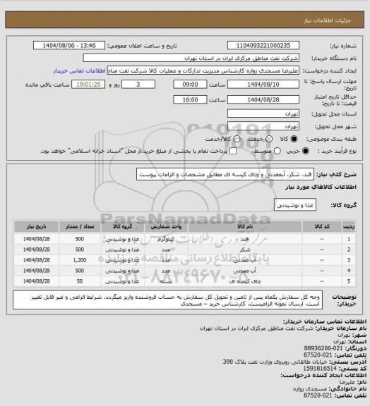 استعلام قند، شکر، آبمعدنی و چای کیسه ای مطابق مشخصات و الزامات پیوست