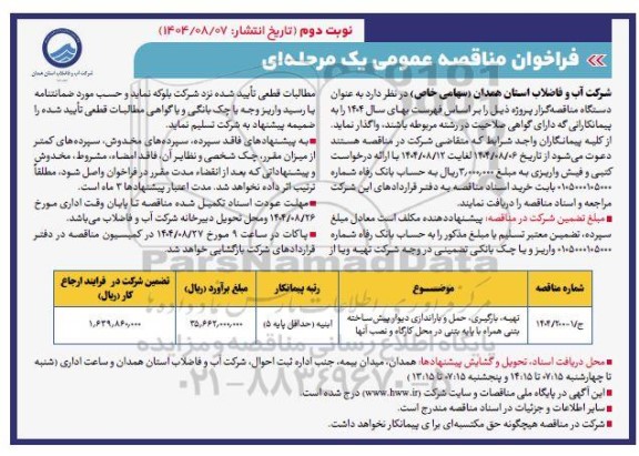 مناقصه تهیه ، بارگیری ،حمل و باراندازی دیوار پیش ساخته بتنی همراه- نوبت دوم 