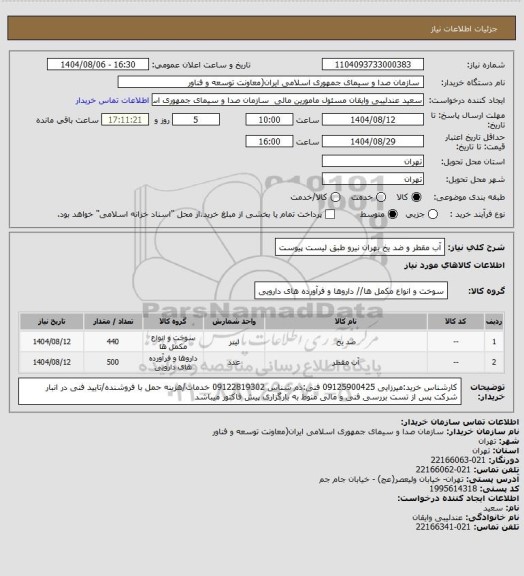 استعلام آب مقطر و ضد یخ بهران نیرو طبق لیست پیوست
