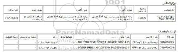 مناقصه عمومی دو مرحله ای، نیمه بالایی و پایینی شل کوره EAF مطابق نقشه وجزئیات