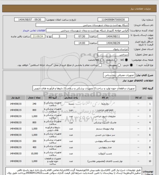 استعلام تجهیزات مصرفی بیمارستانی