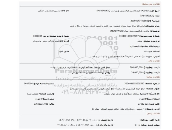 مزایده، ماشین ظرفشویی بوش مدل SMS4IMW62Q