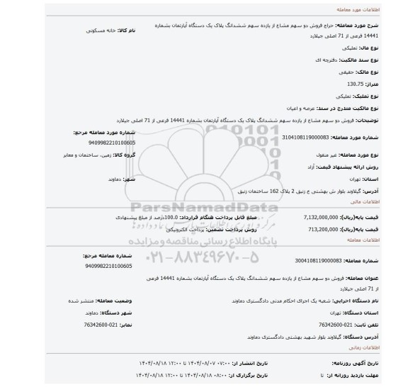 مزایده، فروش دو سهم مشاع از یازده سهم ششدانگ پلاک یک دستگاه آپارتمان بشماره 14441 فرعی از 71 اصلی جیلارد