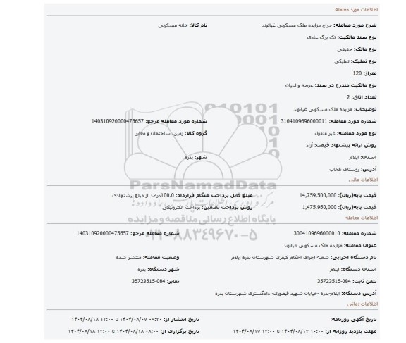 مزایده، مزایده ملک مسکونی غیاثوند
