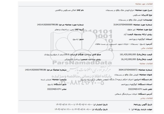 مزایده، فروش ملک واقع در بنسنجان