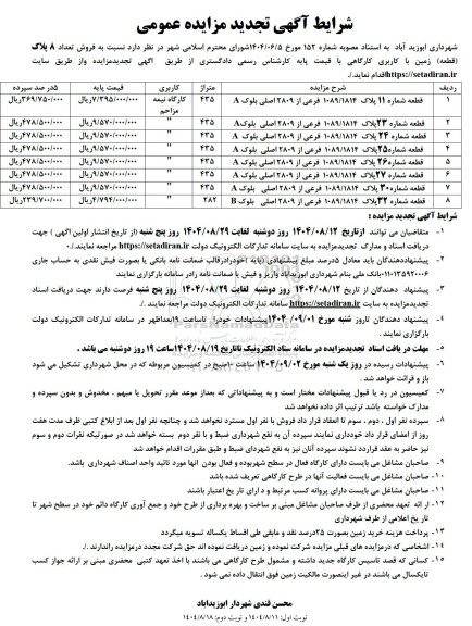 تجدید مزایده فروش 8 پلاک زمین با کاربری کارگاهی