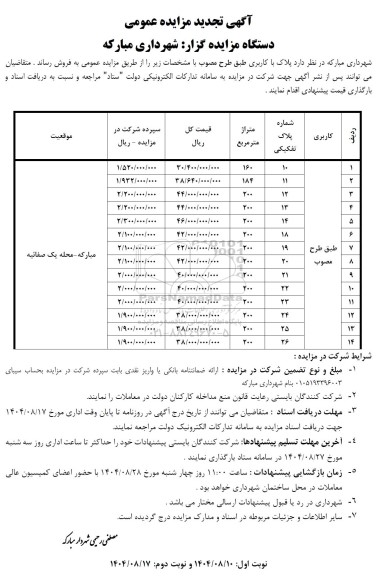 تجدید مزایده واگذاری پلاک با کاربری طبق طرح مصوب 