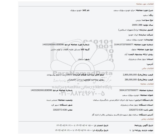 مزایده، خودرو سواری سمند