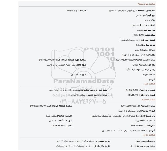 مزایده، فروش سهم الارث از خودرو