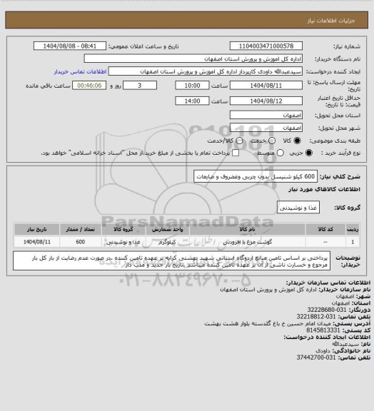 استعلام 600 کیلو شنیسل بدون چربی وغضروف و ضایعات