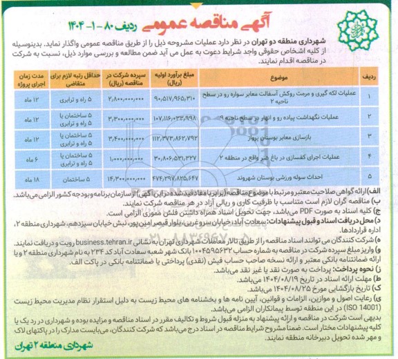 مناقصه عملیات لکه گیری و مرمت روکش آسفالت معابر سواره رو ...