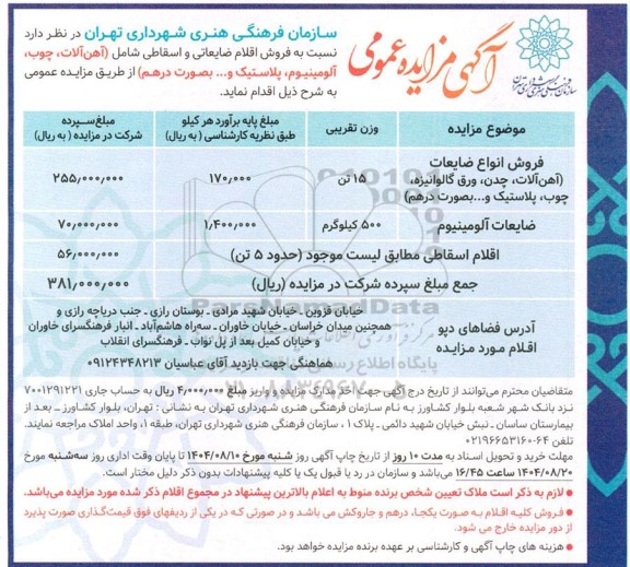 مزایده فروش اقلام ضایعاتی و اسقاطی شامل (آهن آلات، چوب، آلومینیوم، پلاستیک و....