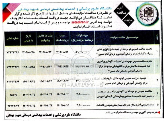 مناقصه و مزایده اجاره مکان داروخانه مرکز پزشکی ..