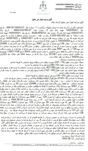 مزایده مقدار 129 سهم مشاع از کل سهم 5067 سهم ششدانگ پلاک ثبتی 0 فرعی از 20486 اصلی