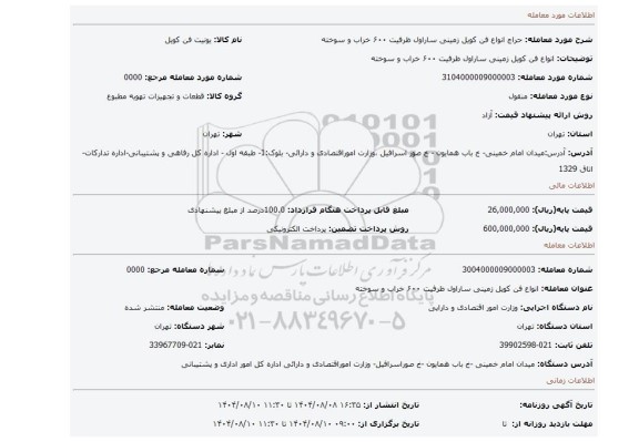 مزایده، انواع فن کویل زمینی ساراول ظرفیت ۶۰۰ خراب و سوخته