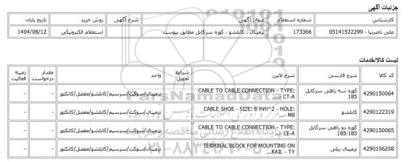 استعلام الکترونیکی، ترمینال ، کابلشو ، کوره سرکابل مطابق پیوست